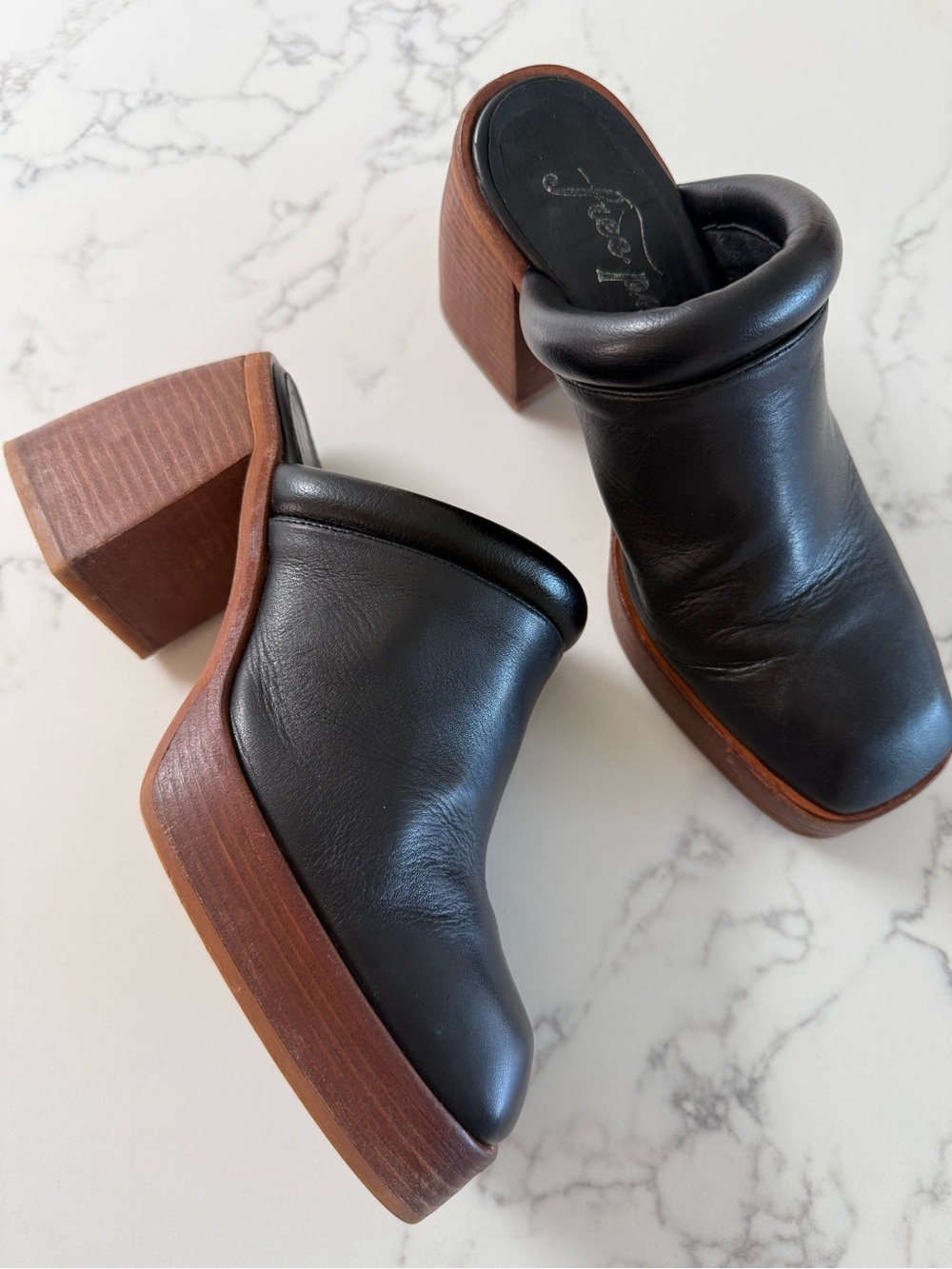 Free People Ruby Leather Platform Mules - Black - Size 38